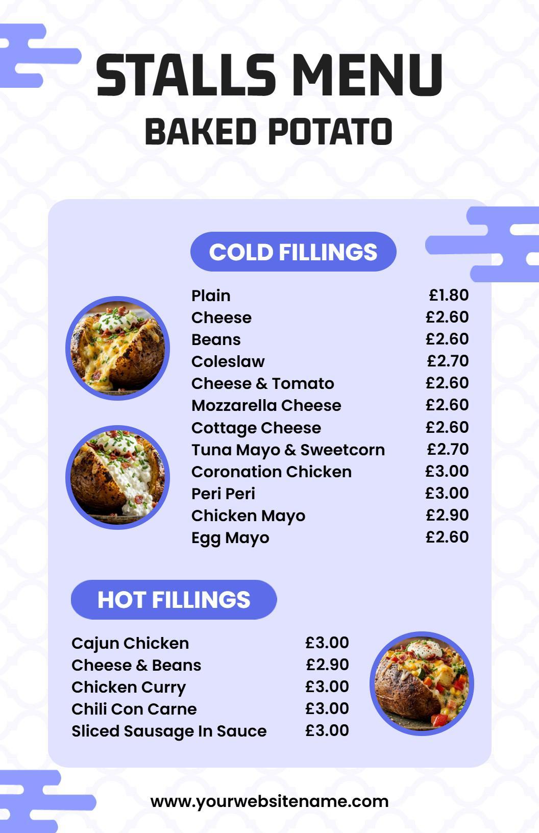 Minimalist Purple Accents Baked Potato Stalls Menu Template