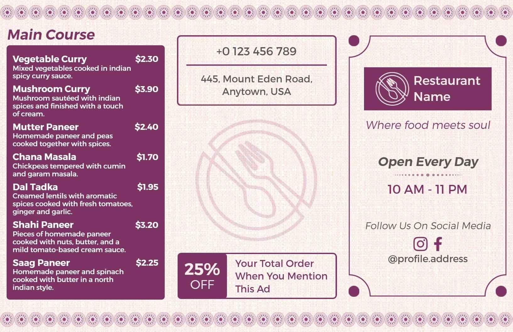Minimalist Purple-Themed Indian Cuisine Restaurant Menu Template