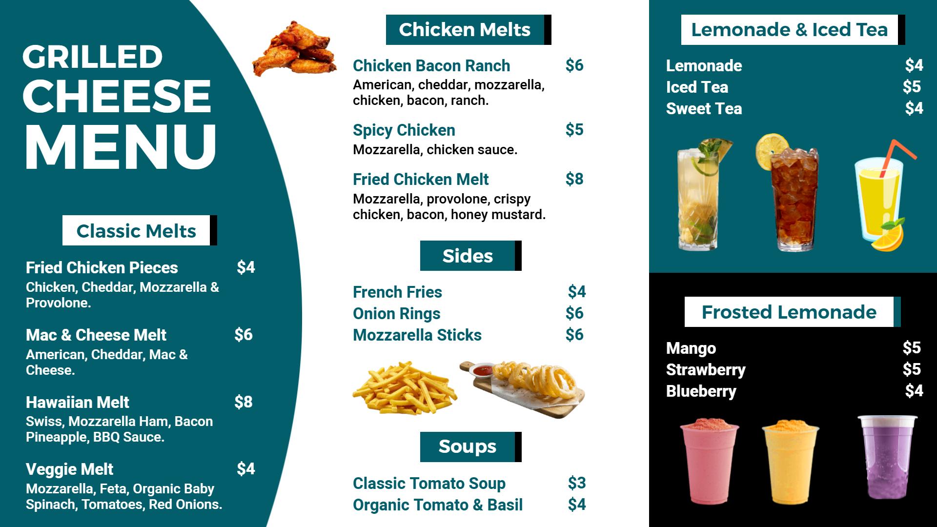 Minimalist Teal and Black Grilled Cheese Sandwich Menu Template