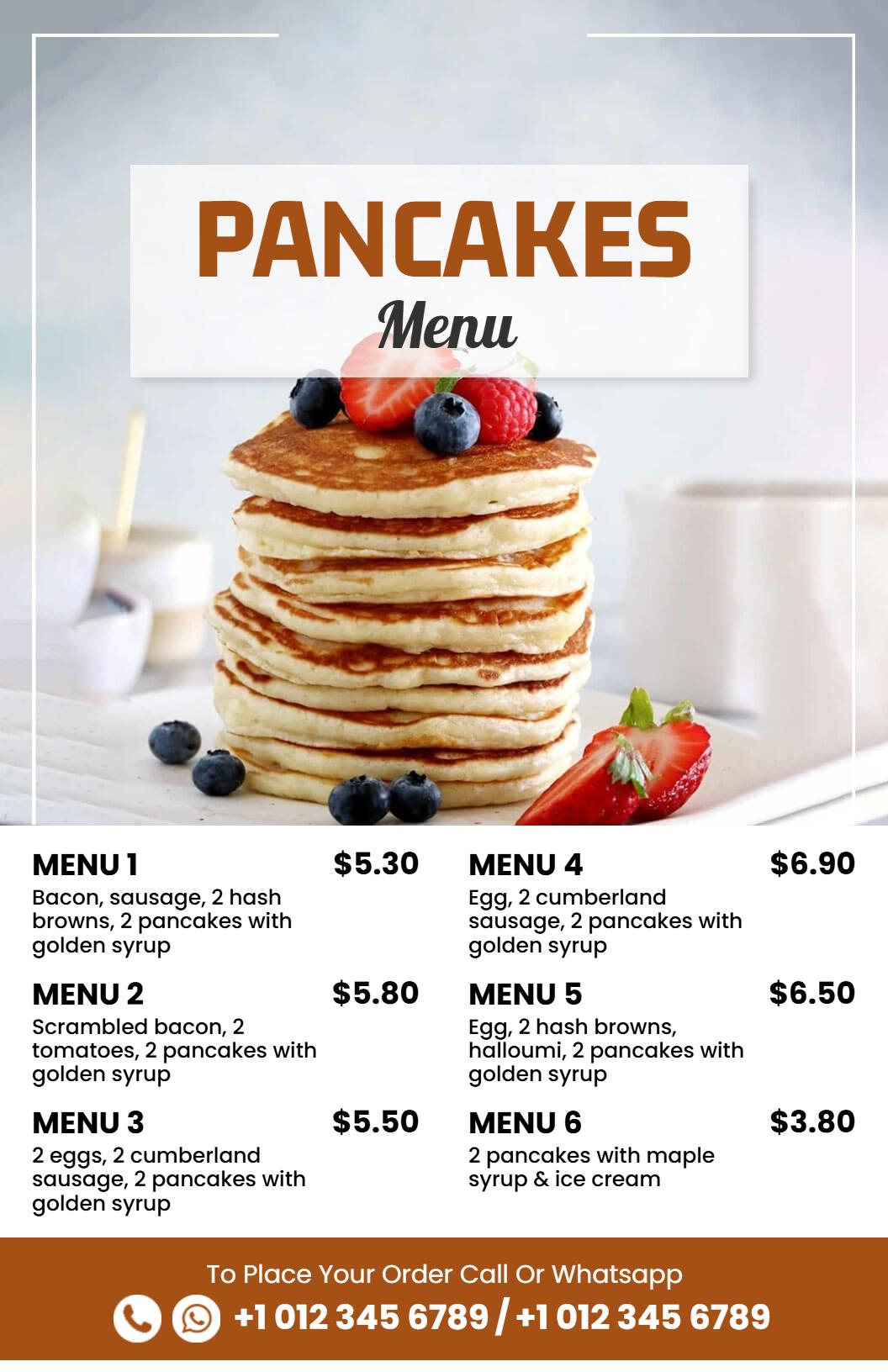 Minimalist White and Brown Pancake Brunch Menu Template