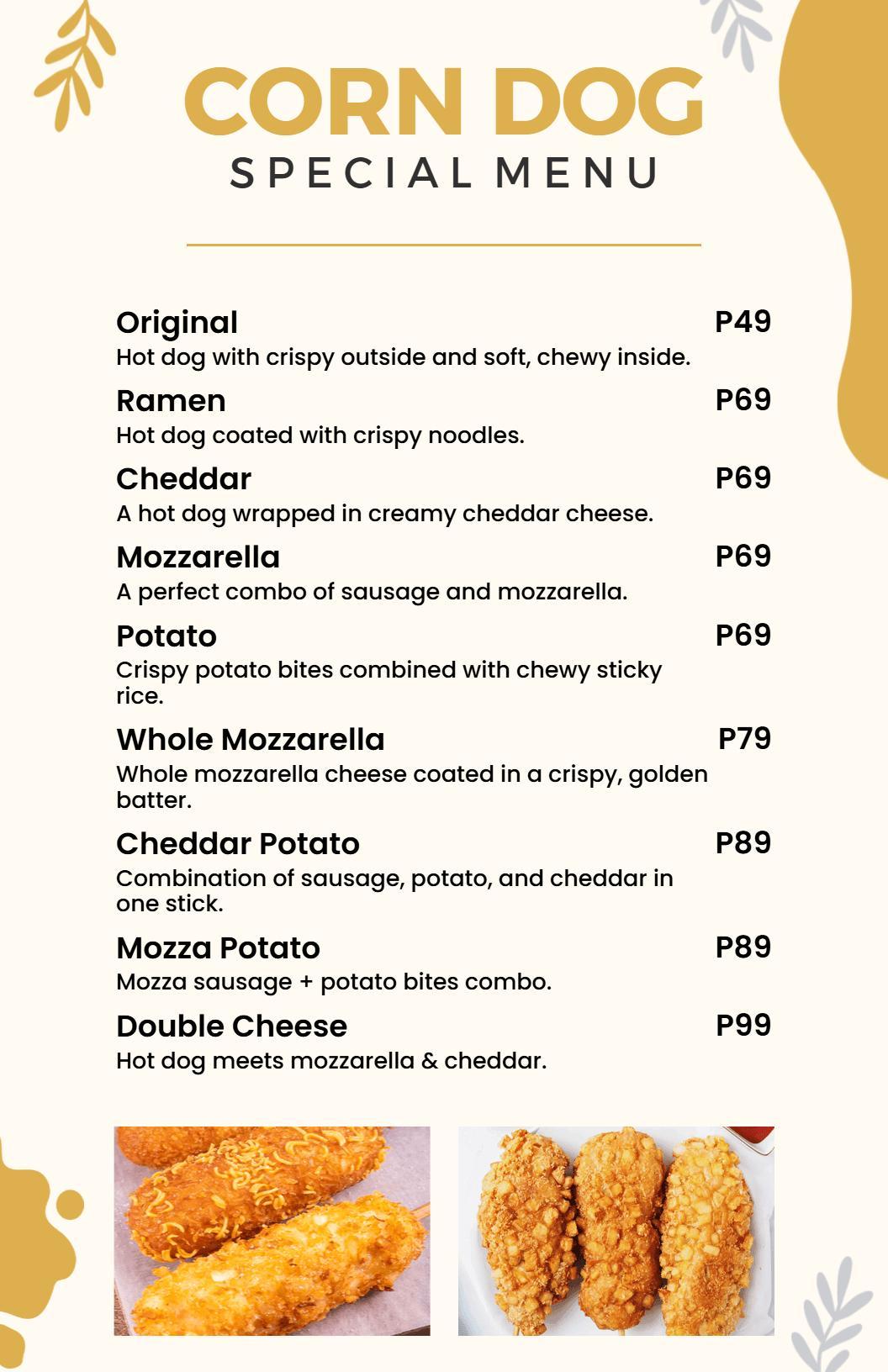 Minimalist White and Gold Corn Dog Special Menu Template