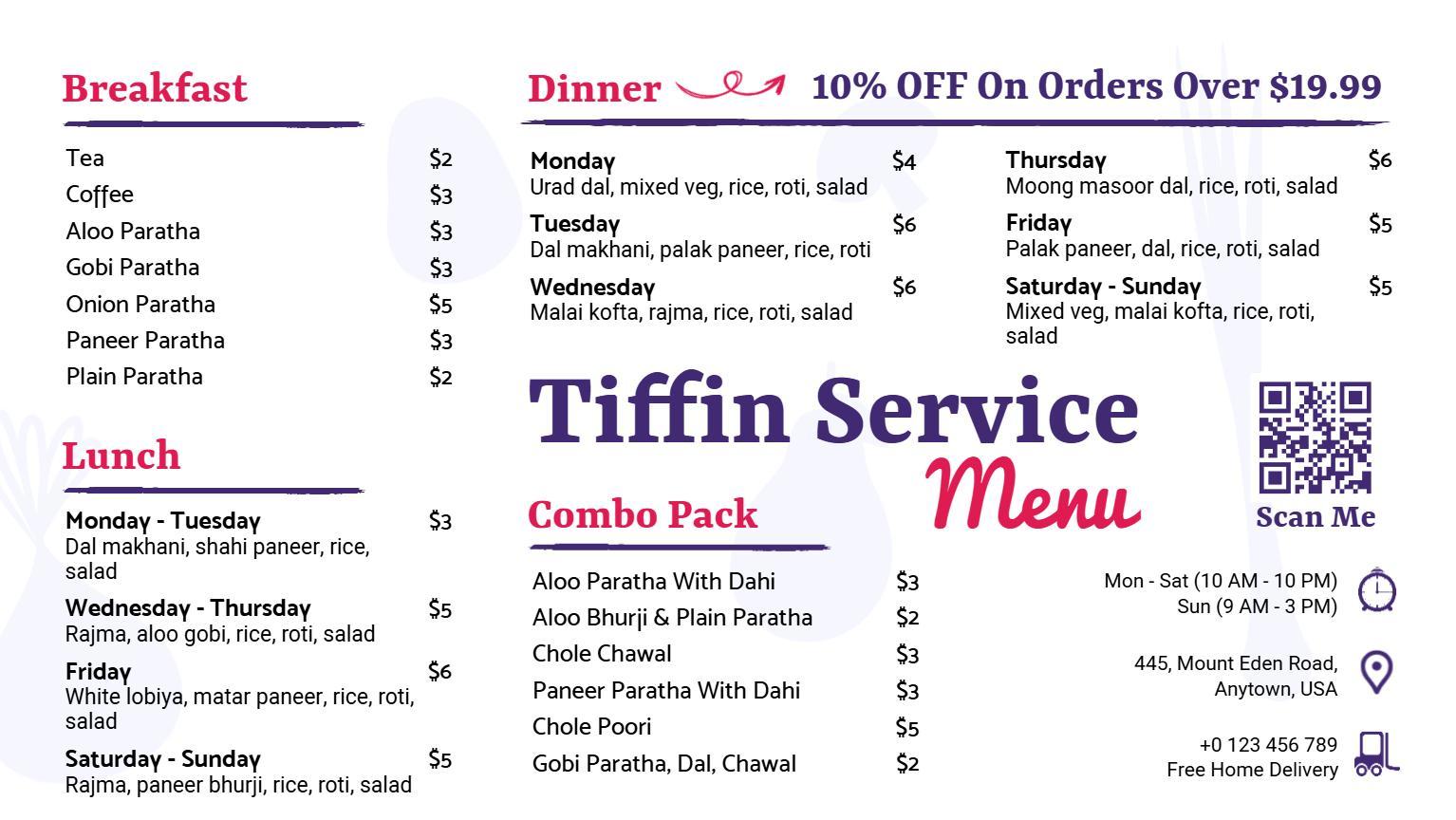 Minimalist White and Purple Tiffin Service Menu Template