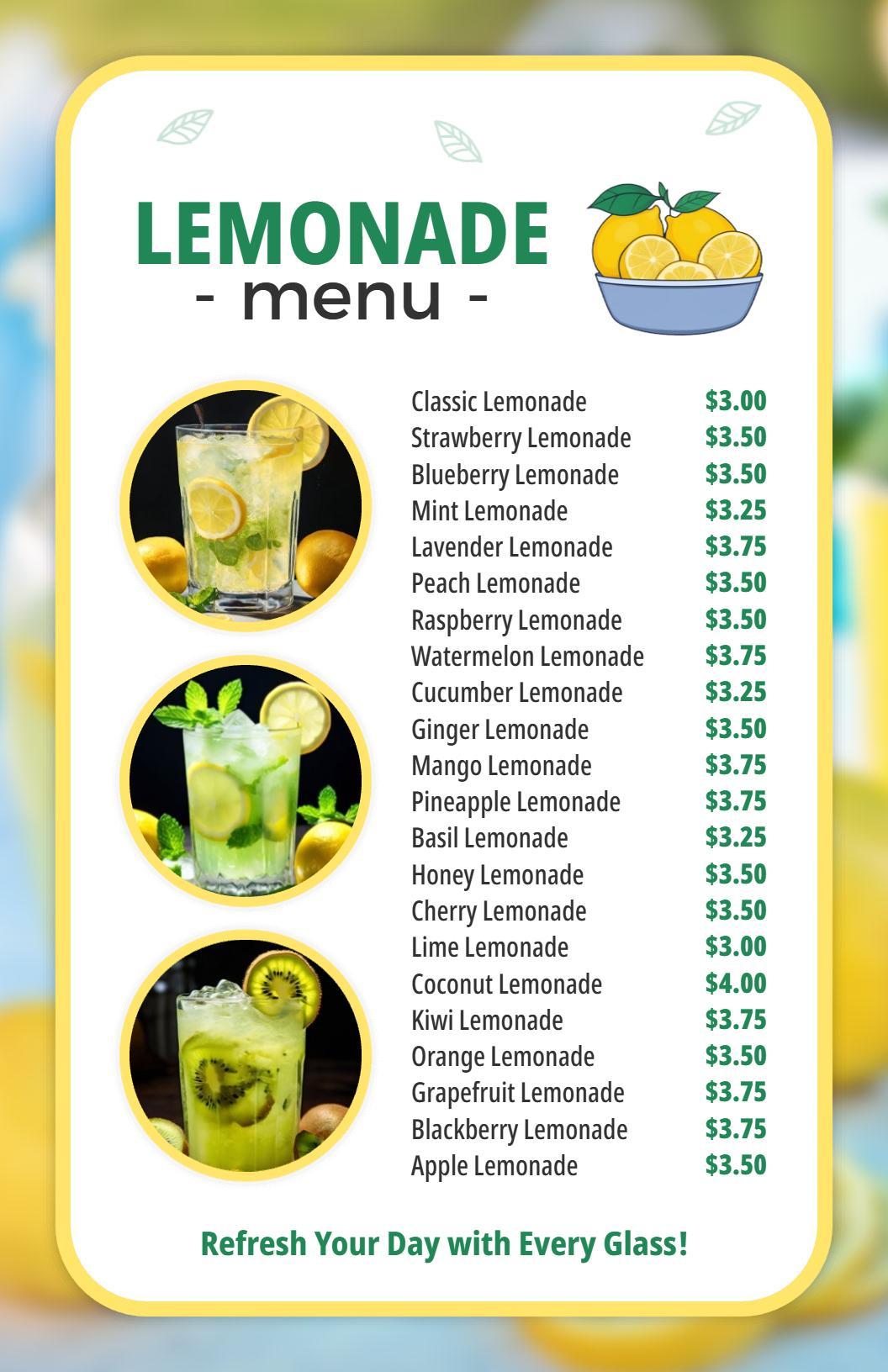 Minimalist Yellow and Green Lemonade Drink Menu Template
