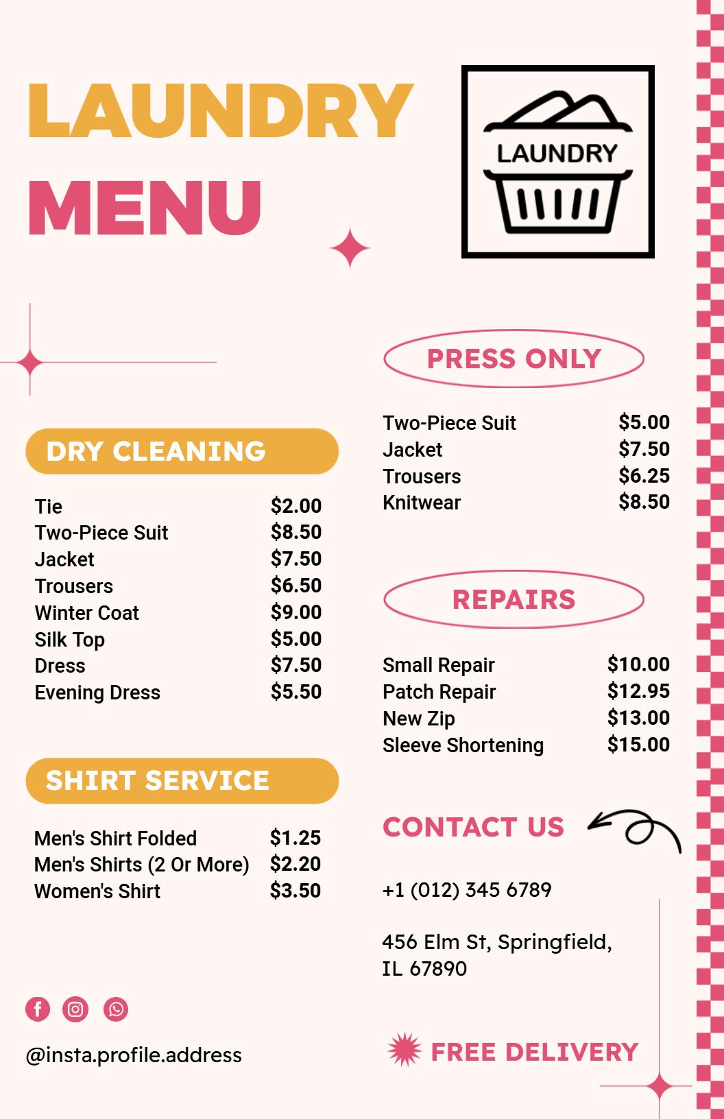 Minimalist Yellow and Pink Laundry Service Menu Template
