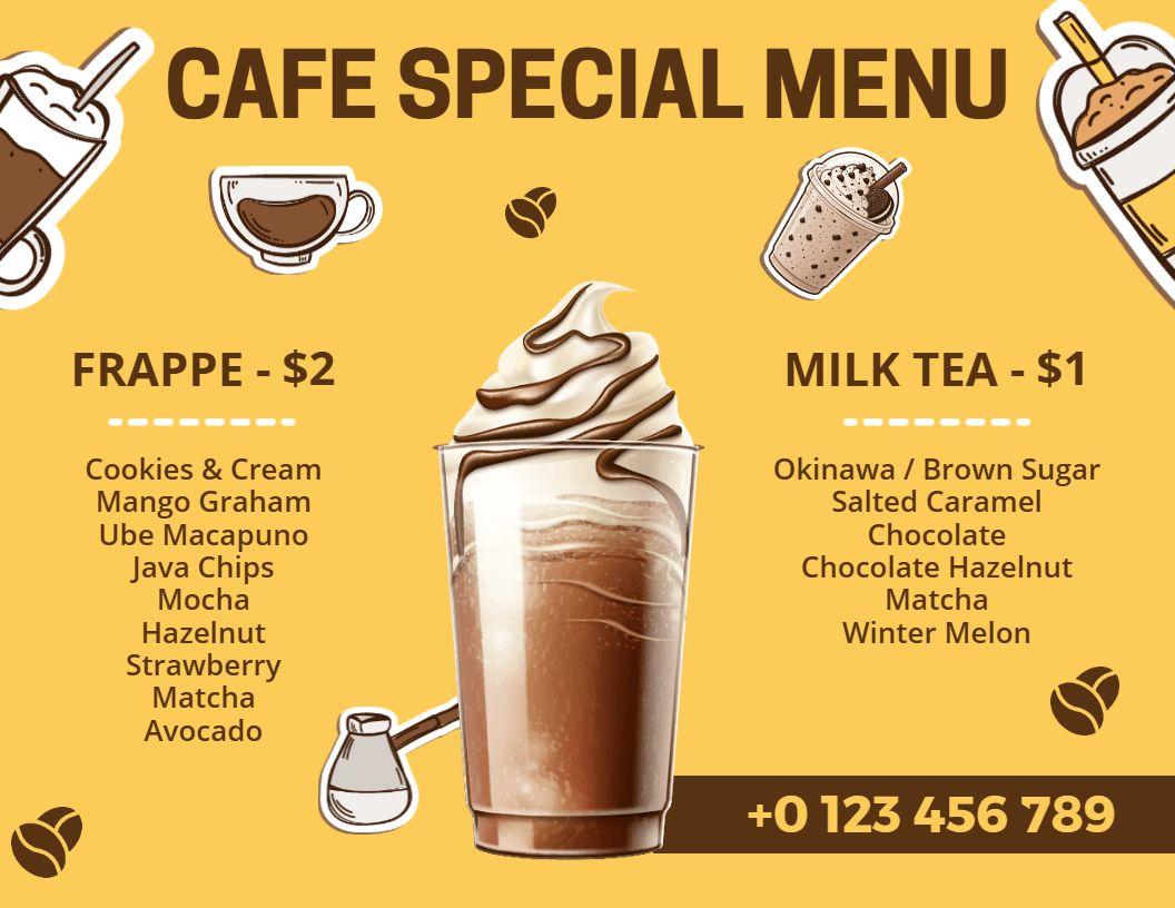 Minimalist Yellow Theme Cafe Special Drinks Menu Template