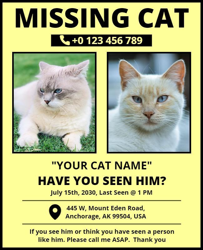 Vibrant Yellow Missing Cat Alert Flyer Template