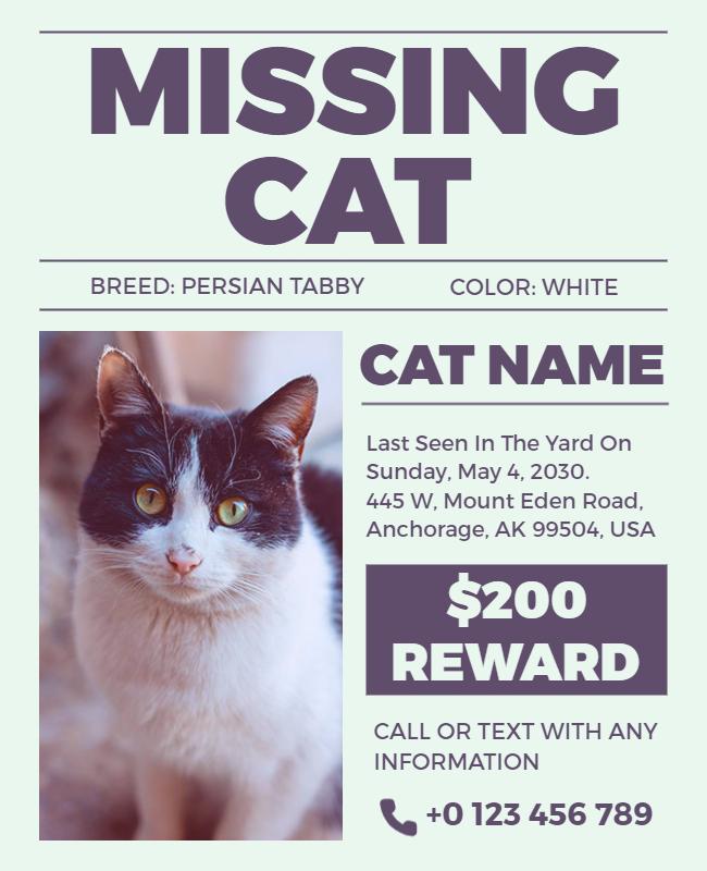 Missing Cat Alert with Reward Flyer Template