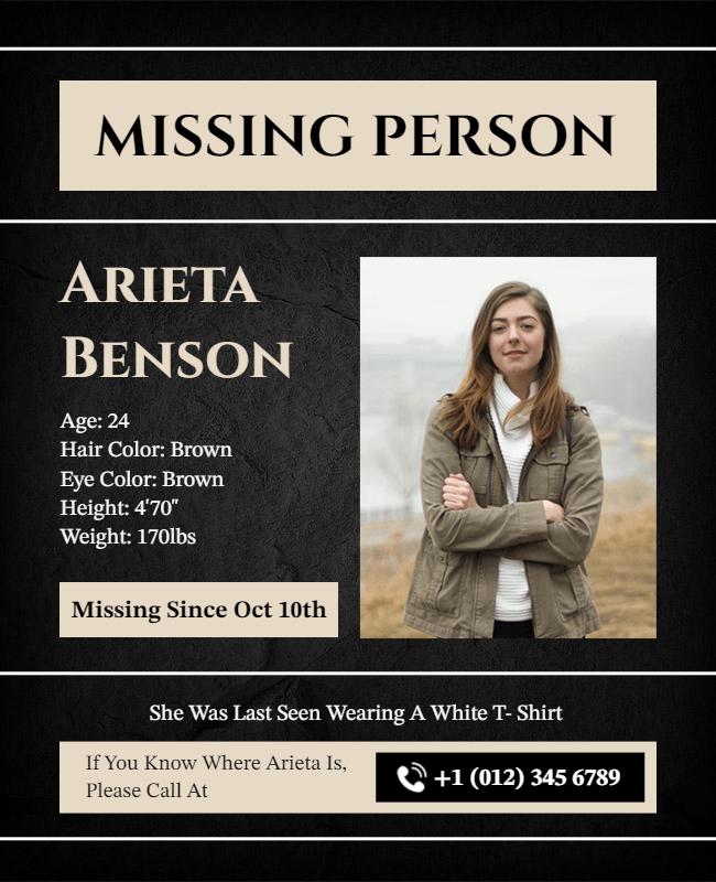 Urgent Missing Person Alert Black Elegant Flyer Template