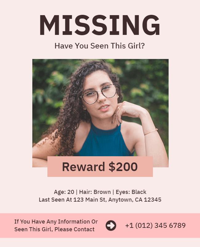 Prominent Missing Person Alert with Reward Flyer Template