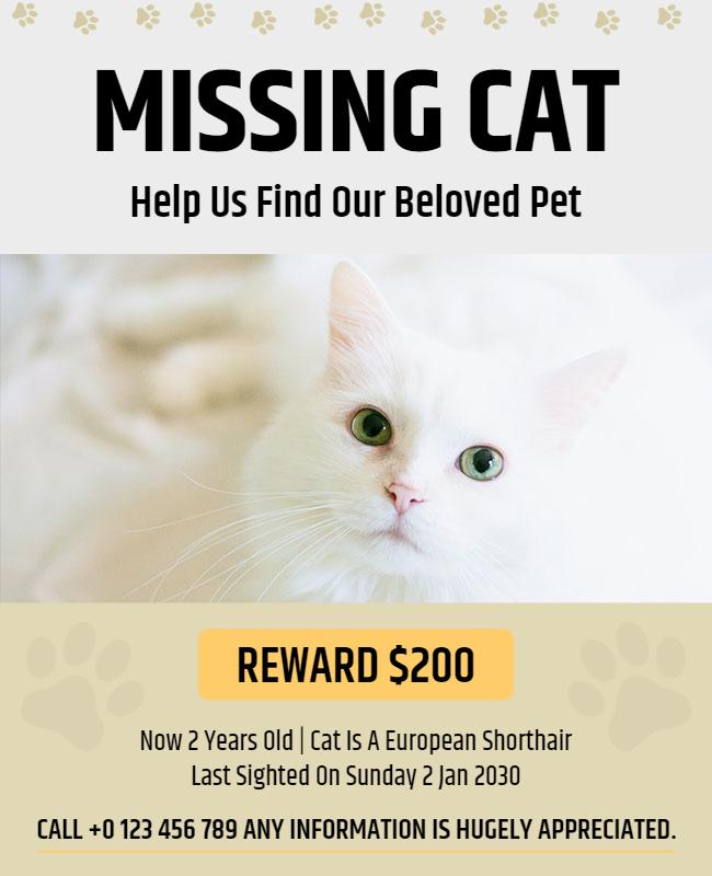 Missing Pet Alert Flyer with Reward Information Template