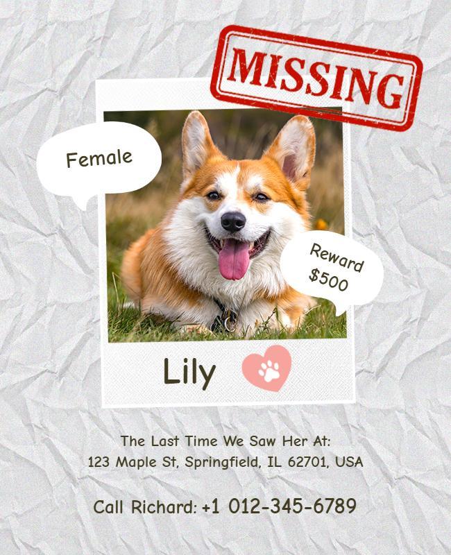 Missing Pet Alert Reward Poster Template