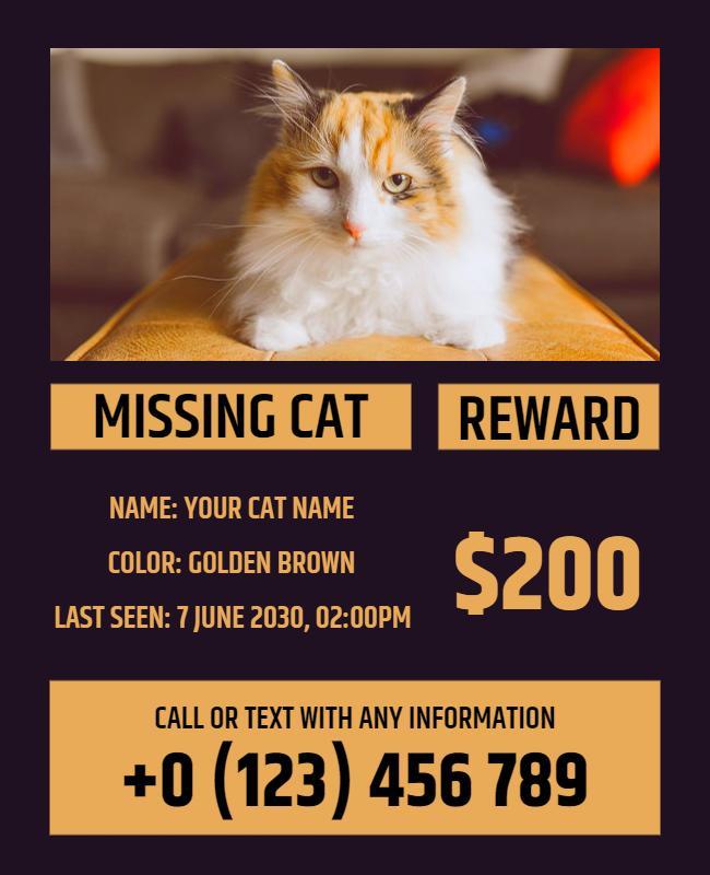 Bold Golden Brown Missing Cat Reward Flyer Template