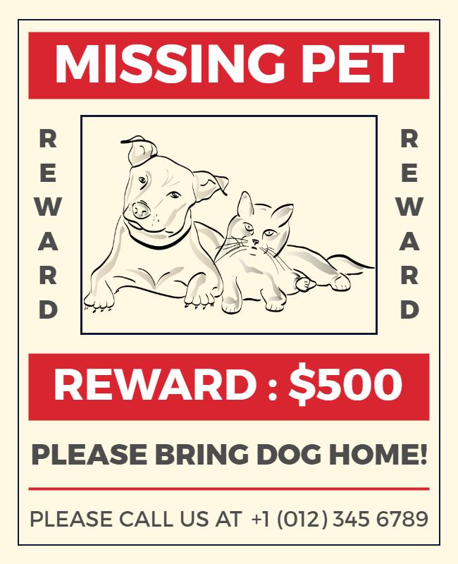 Missing Pet Reward Notice Flyer Template