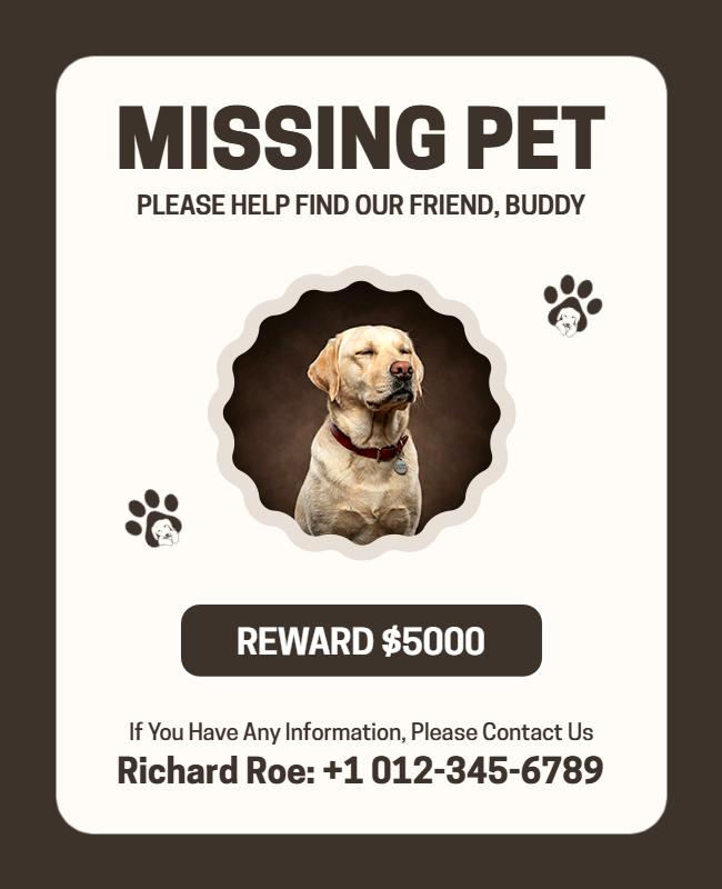 Missing Pet Reward Poster Template