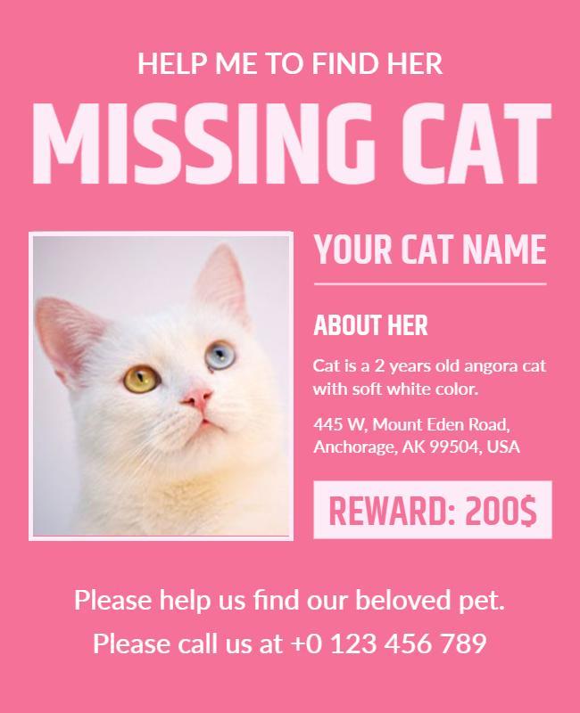 Missing White Cat Reward Flyer Template