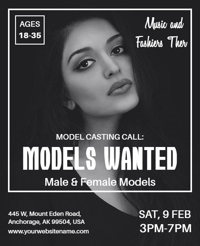 Chic Black and White Model Casting Call Flyer Template