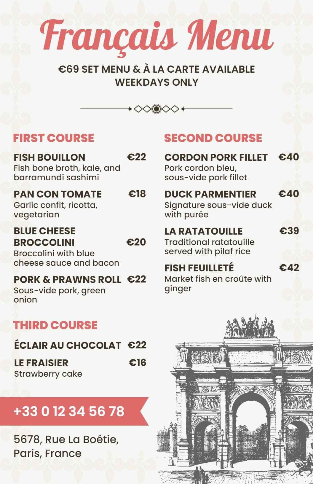 Modèle De Menu De Cuisine Française Style Esquisse Élégant