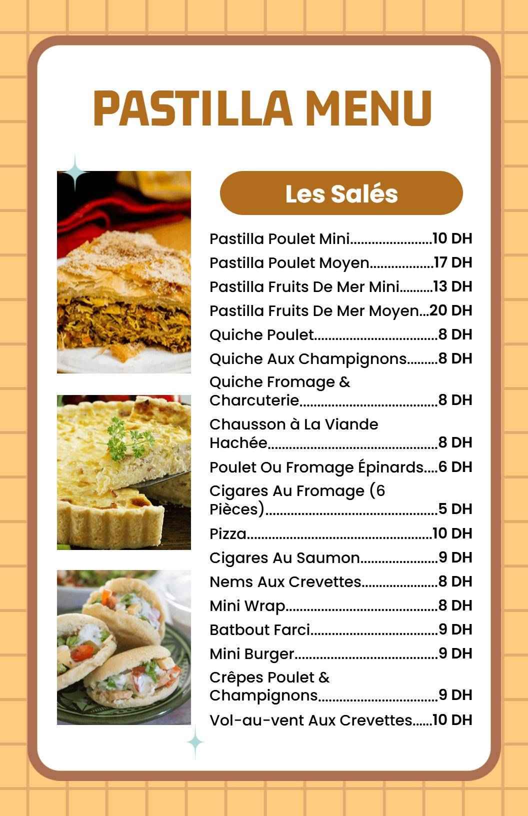 Modèle De Menu Sélection De Pastillas Et Quiches Salées Classiques