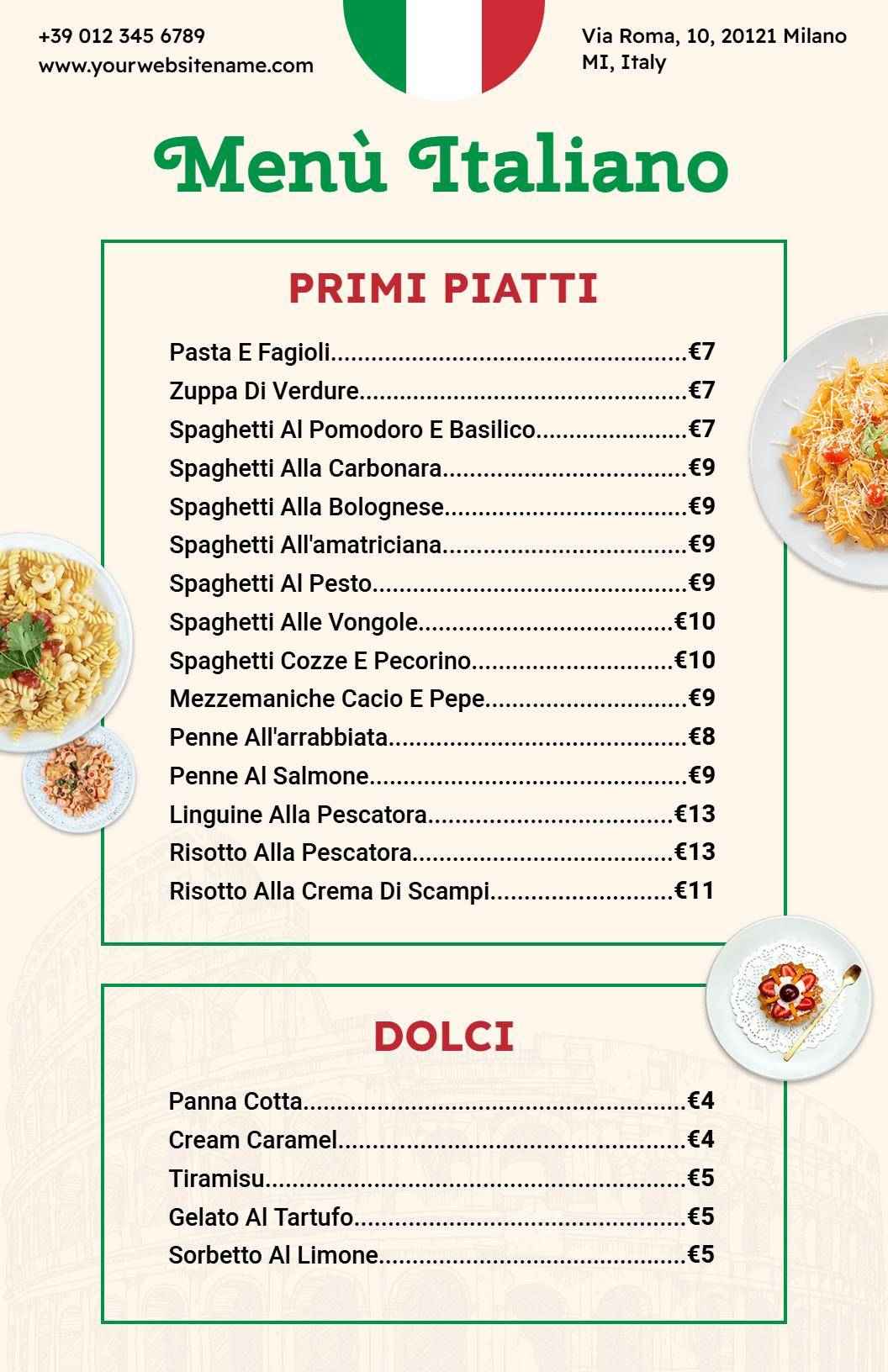 Modello Di Menu Italiano Con Autentici Piatti Di Pasta E Dolci
