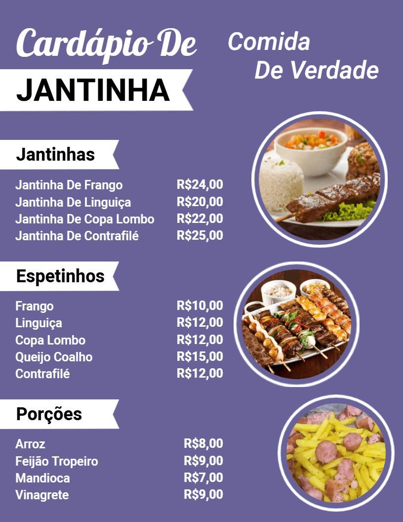 Modelo De Cardápio Com Tema Roxo Para Restaurante Brasileiro De Jantinha