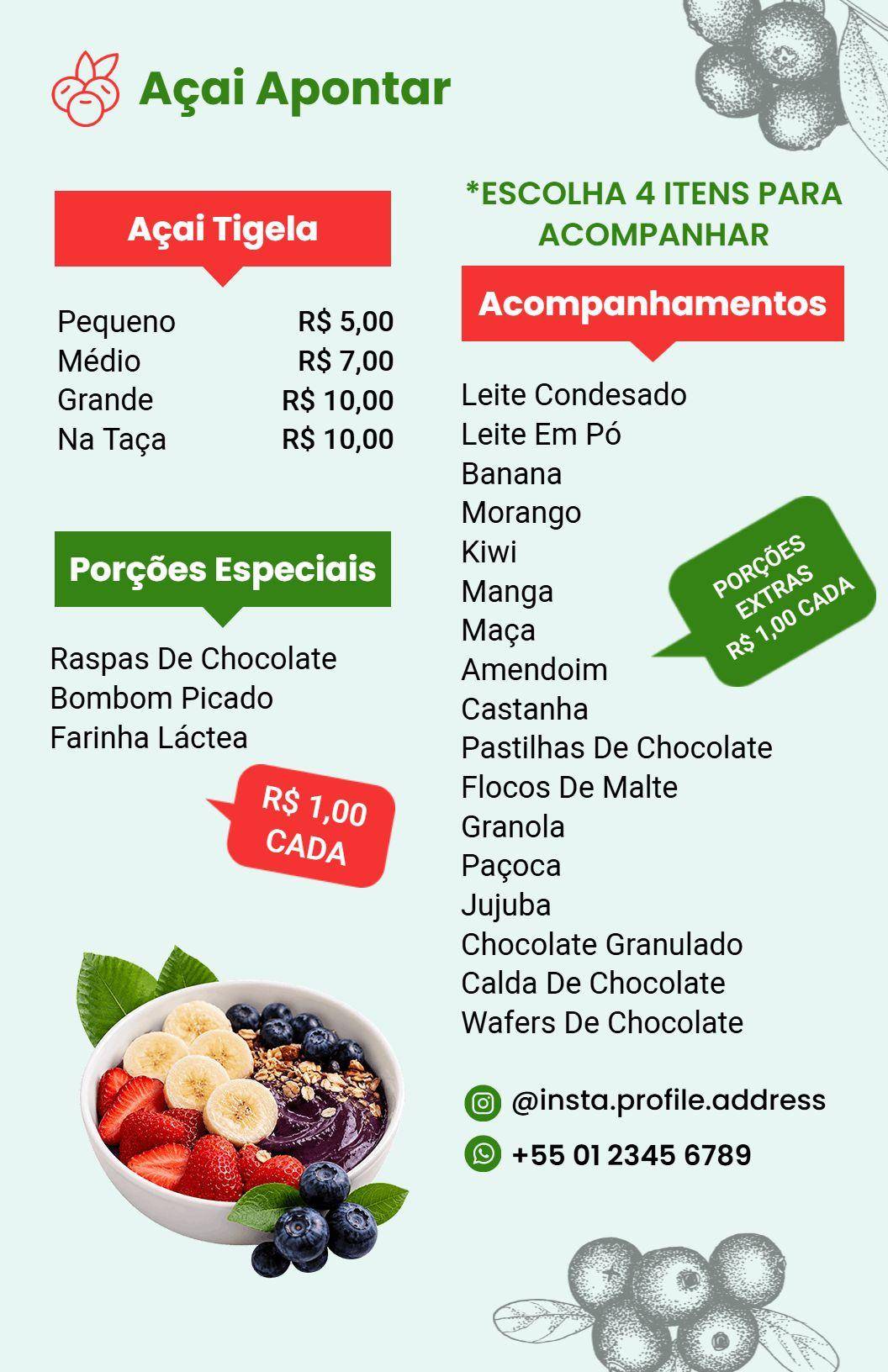 Modelo De Cardápio De Açaí Com Variedade De Acompanhamentos E Sabores