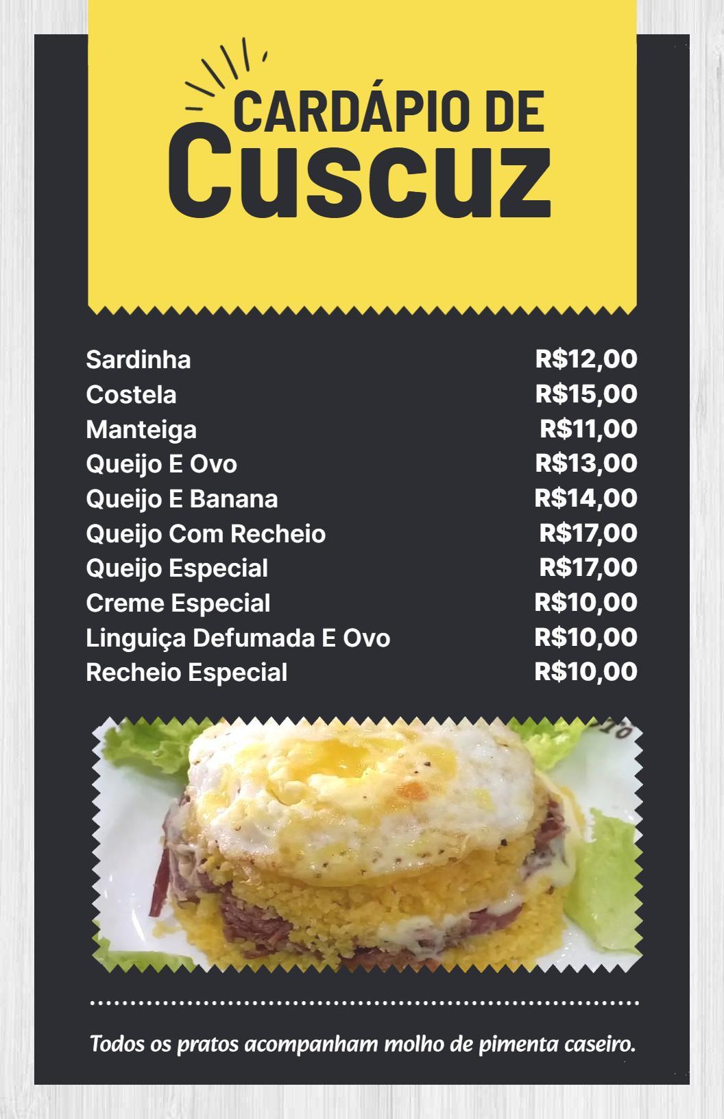 Modelo De Cardápio De Cuscuz Brasileiro Tradicional Com Coberturas Salgadas