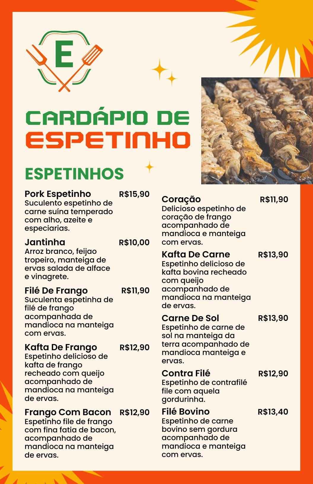 Modelo De Cardápio De Espetinhos Com Tema De Grade E Raios De Sol Coloridos