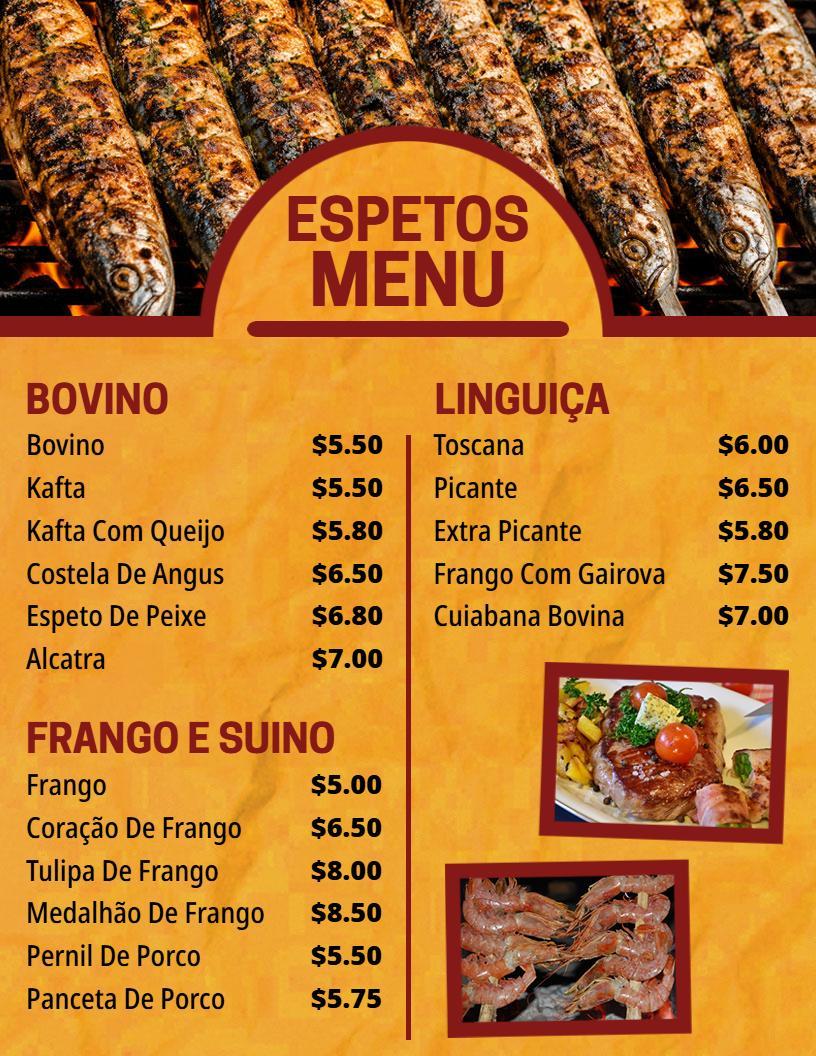 Modelo De Cardápio De Espetos Com Seleção De Carnes Para Churrasco Clássico