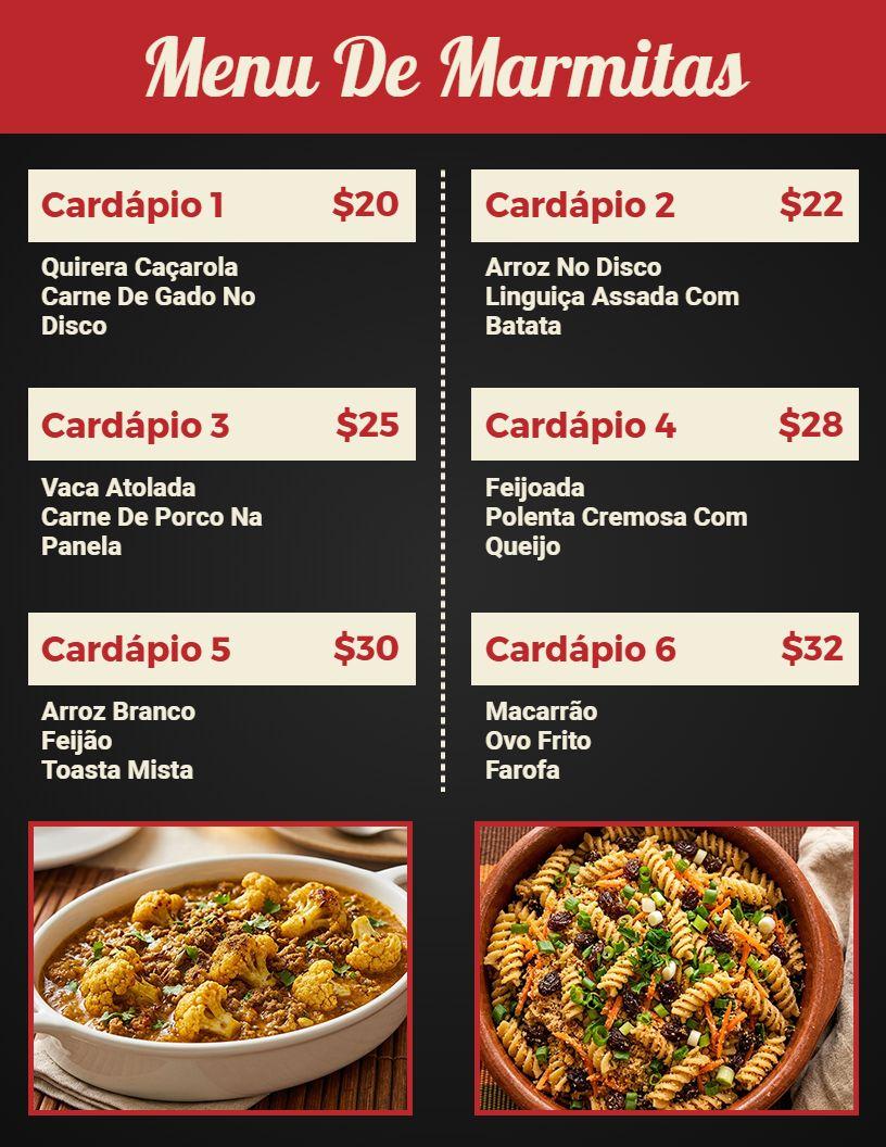 Modelo De Cardápio De Marmita Com Estilo De Culinária Brasileira Tradicional