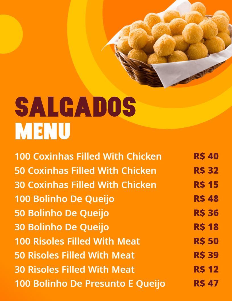 Modelo De Cardápio De Salgadinhos Brasileiros Laranja Vivo E Branco