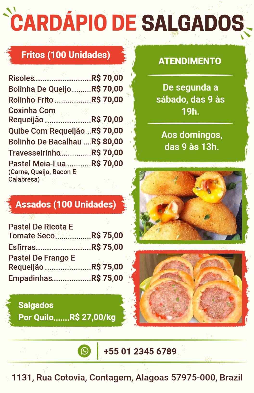 Modelo De Cardápio De Salgadinhos Tradicionais Com Fritos Crocantes