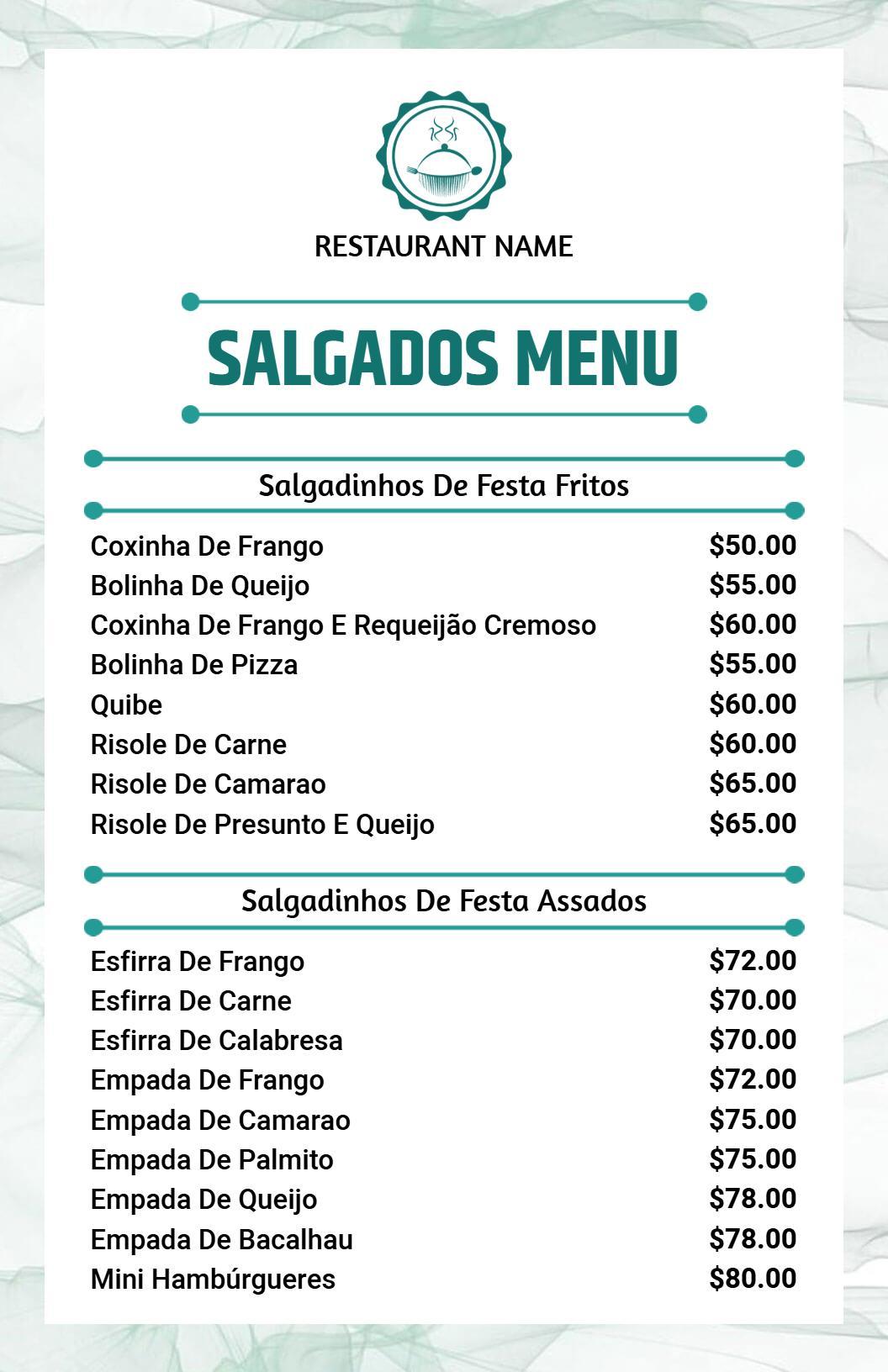 Modelo De Cardápio De Salgados Brasileiros Fritos E Assados