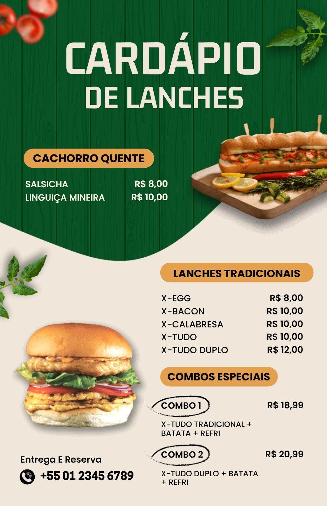 Modelo De Cardápio De Sanduíches E Lanches Brasileiros Modernos
