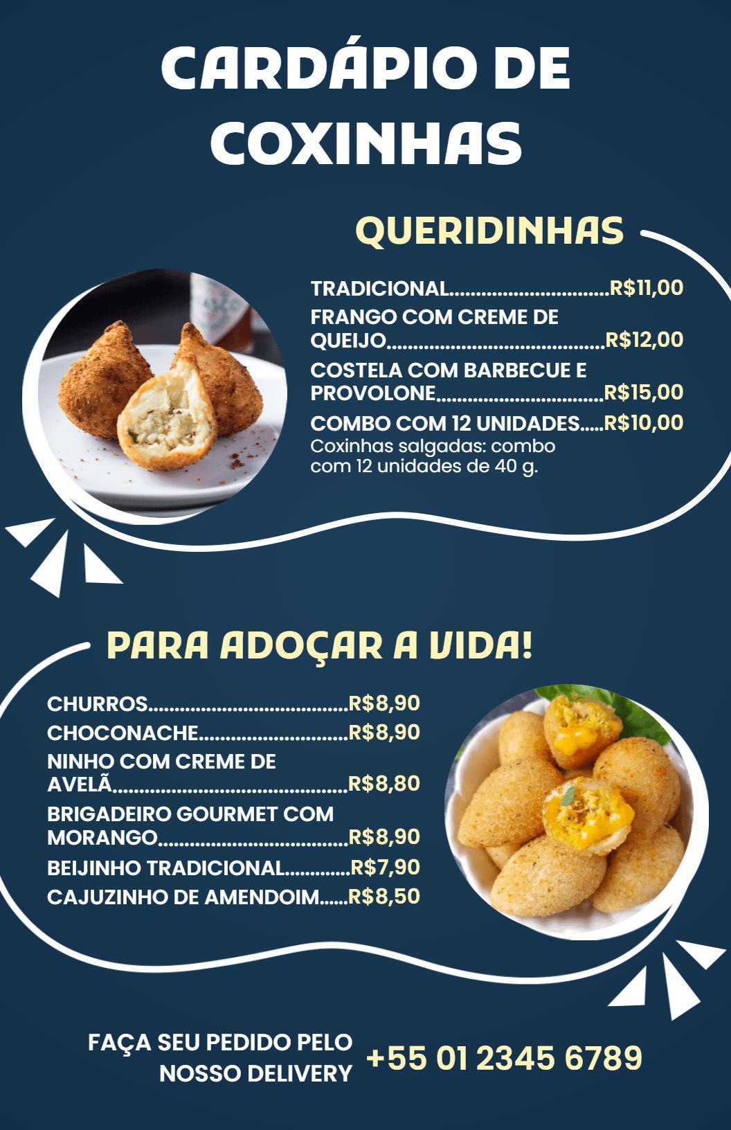 Modelo De Cardápio Elegante Em Azul-Marinho Para Coxinhas E Doces