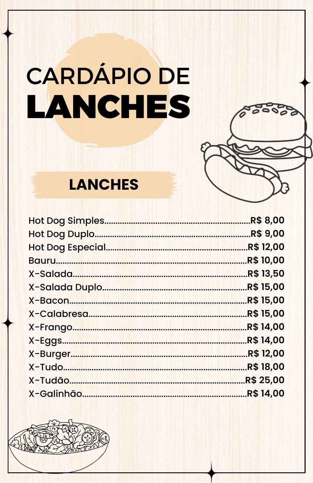 Modelo De Cardápio Moderno E Ilustrado De Lanches Em Tons De Bege