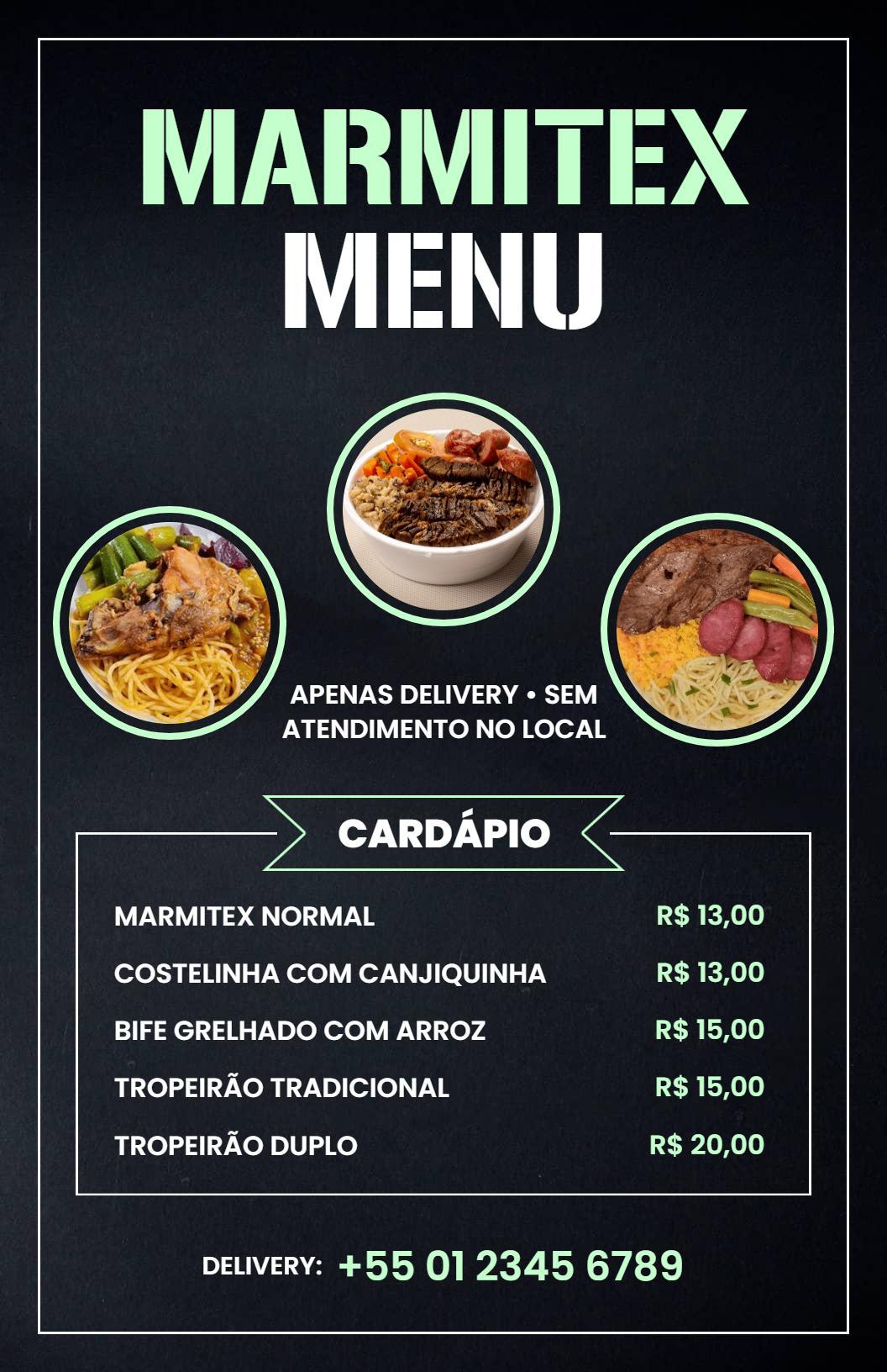 Modelo De Cardápio Preto E Contemporâneo Para Entrega De Refeições Em Caixa