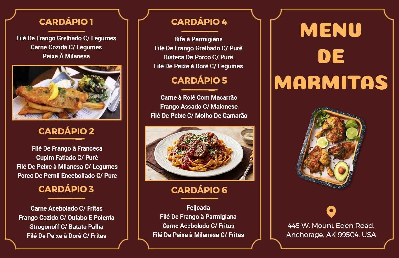 Modelo De Menu De Marmitas Estilo Clássico