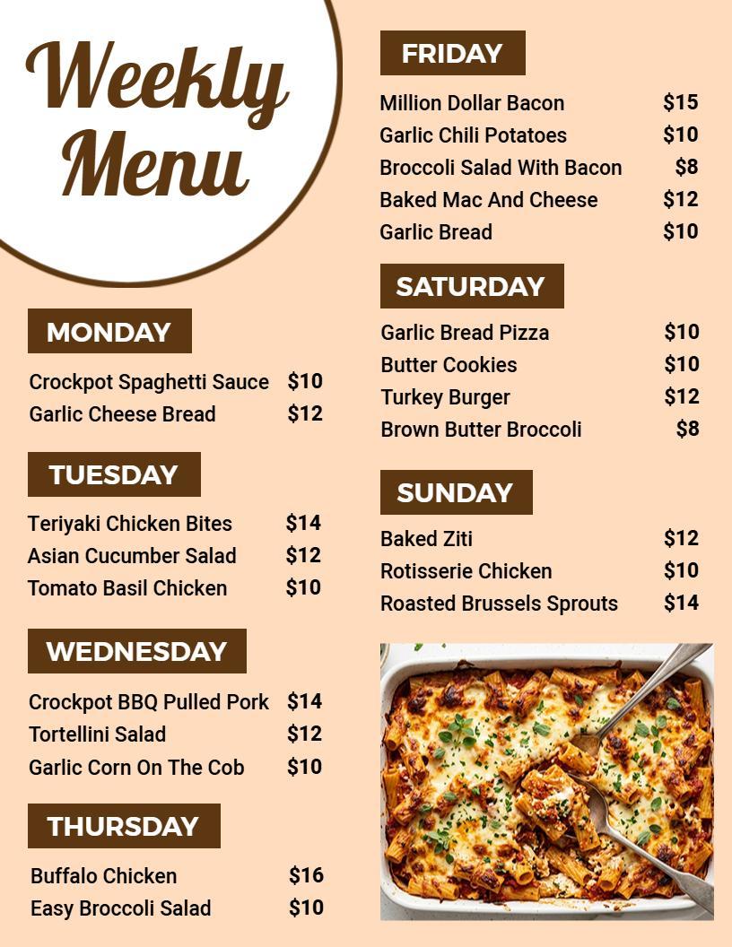 Modern Beige and Brown Theme Weekly Menu Template