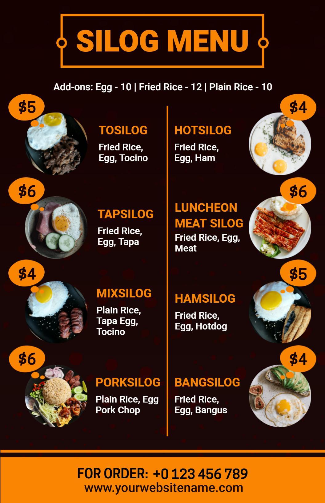 Modern Black and Orange Filipino Silog Dish Menu Template