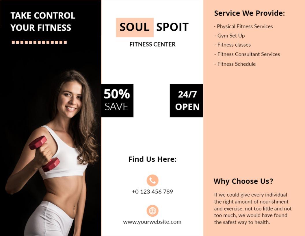 Modern Black and Orange Fitness Center Services Tri Fold Brochure Template