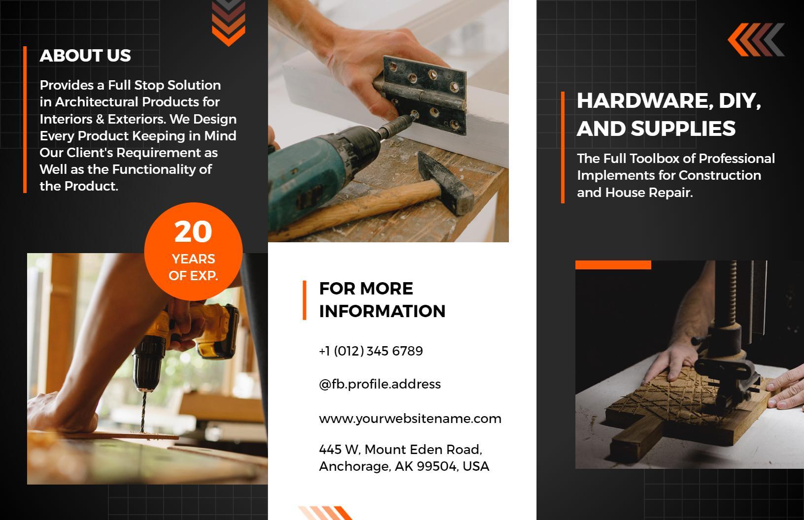 Modern Black and Orange Hardware DIY Supplies Tri Fold Brochure Template