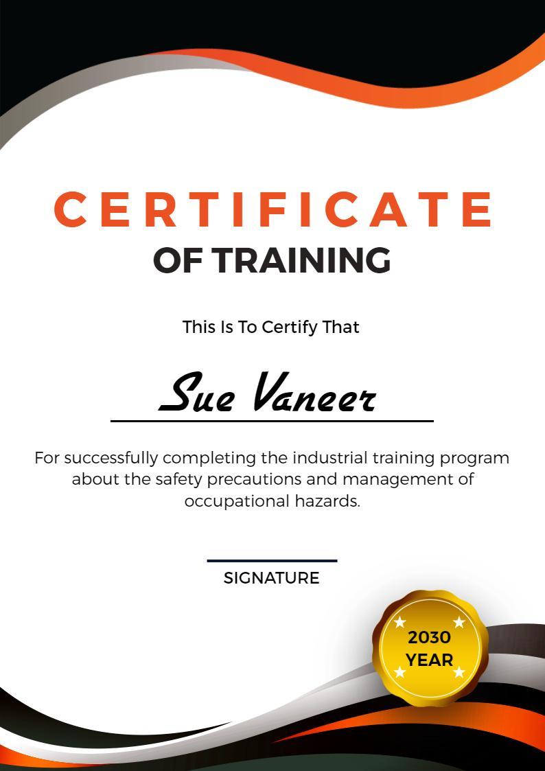 Modern Black and Orange Industrial Training Certificate Template