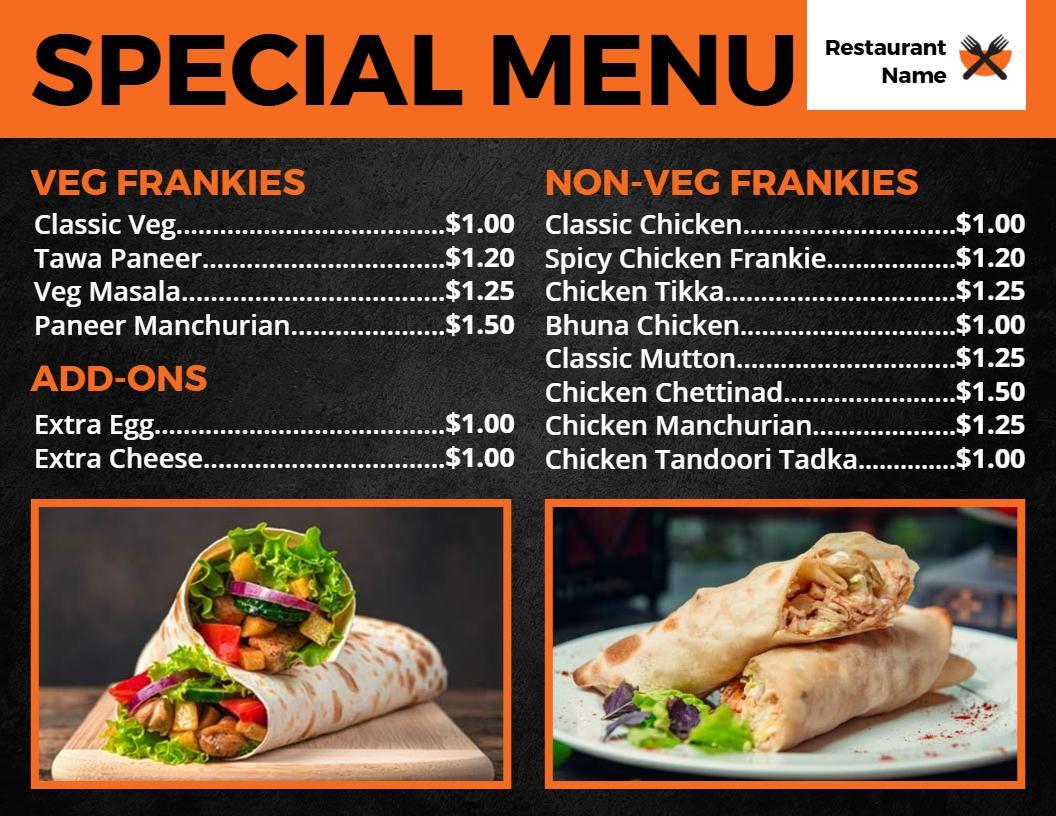 Modern Black and Orange Veg and Non-Veg Special Menu Template
