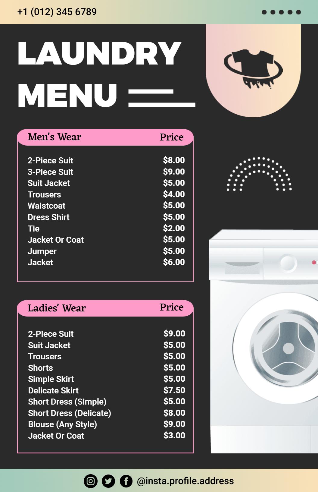 Modern Black and Pastel Gradient Laundry Service Menu Template
