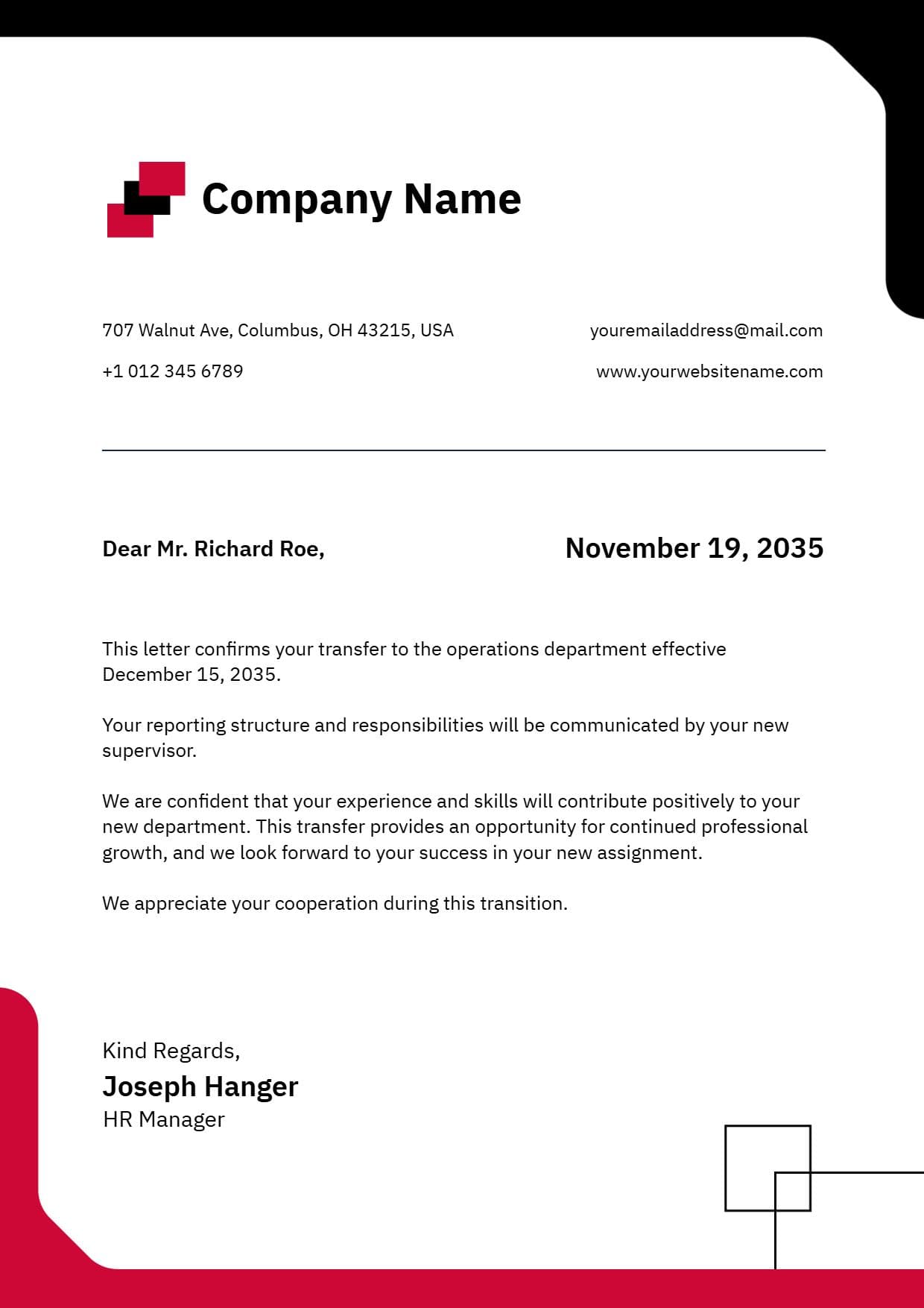 Modern Black and Red Company Employment Letterhead Template