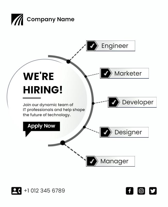 Modern Black and White IT Job Recruitment Poster Template