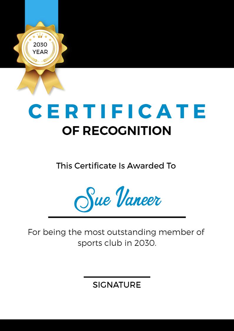 Modern Black and White Sports Club Recognition Certificate Template