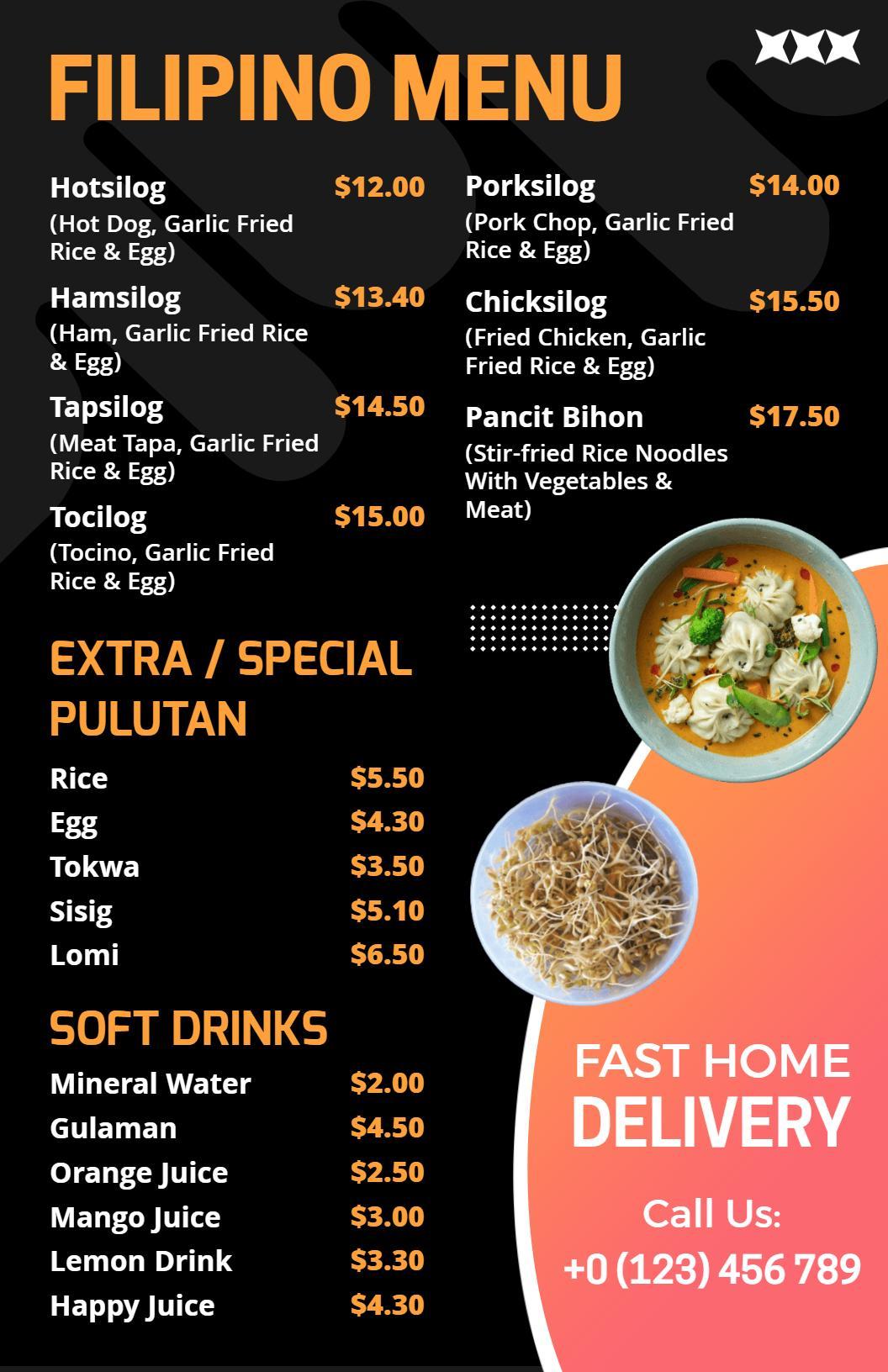 Modern Black Background Filipino Dish Menu Template