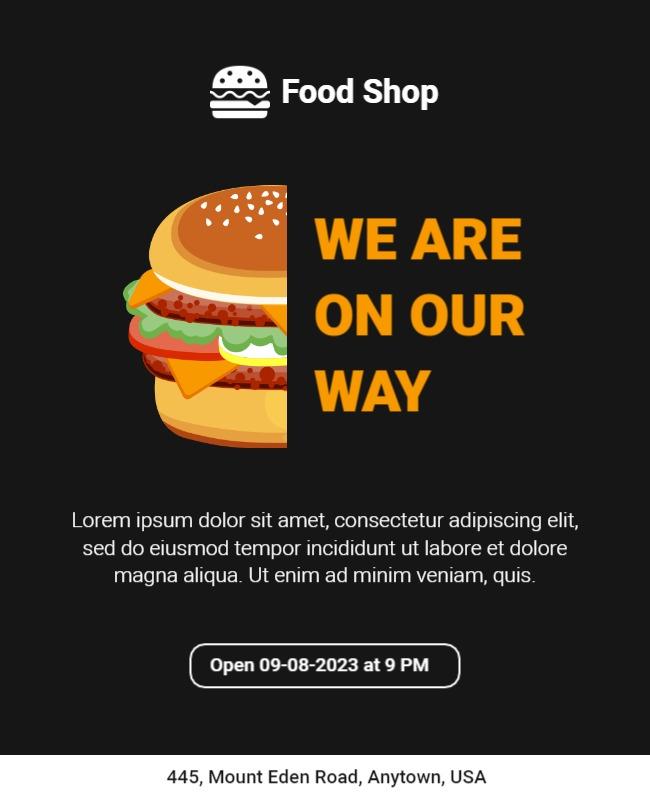 Modern Black Food Shop Opening Soon Announcement Flyer Template