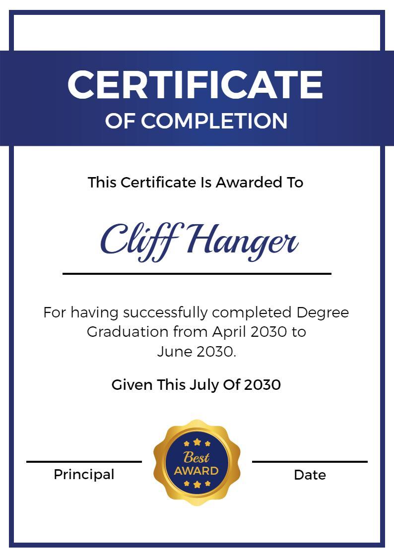 Modern Blue Academic Degree Completion Certificate Template